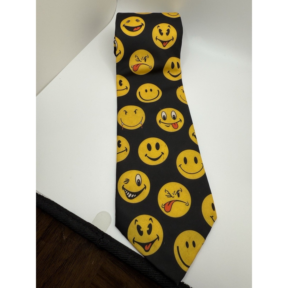 Ralph Marlin Vintage Emoji Smiley Faces 1995 Black Yellow Tie Funky Mens Necktie